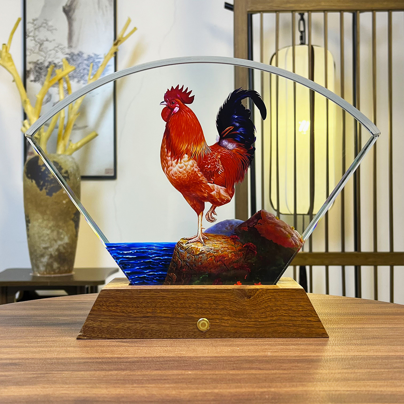 【扇形内雕】水晶摆件轻奢家居酒柜装饰品生财寓意乔迁礼品创意中式