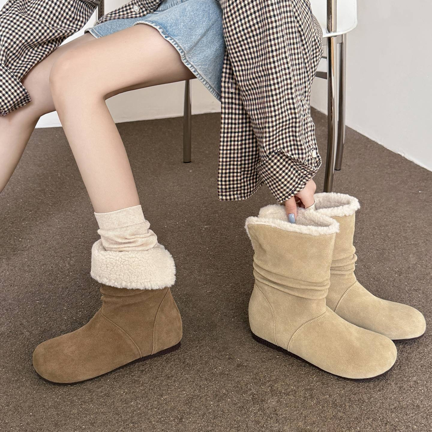 柚子初雪地靴女2025新款磨砂真皮芒果头翻折两穿短筒毛毛加绒棉鞋