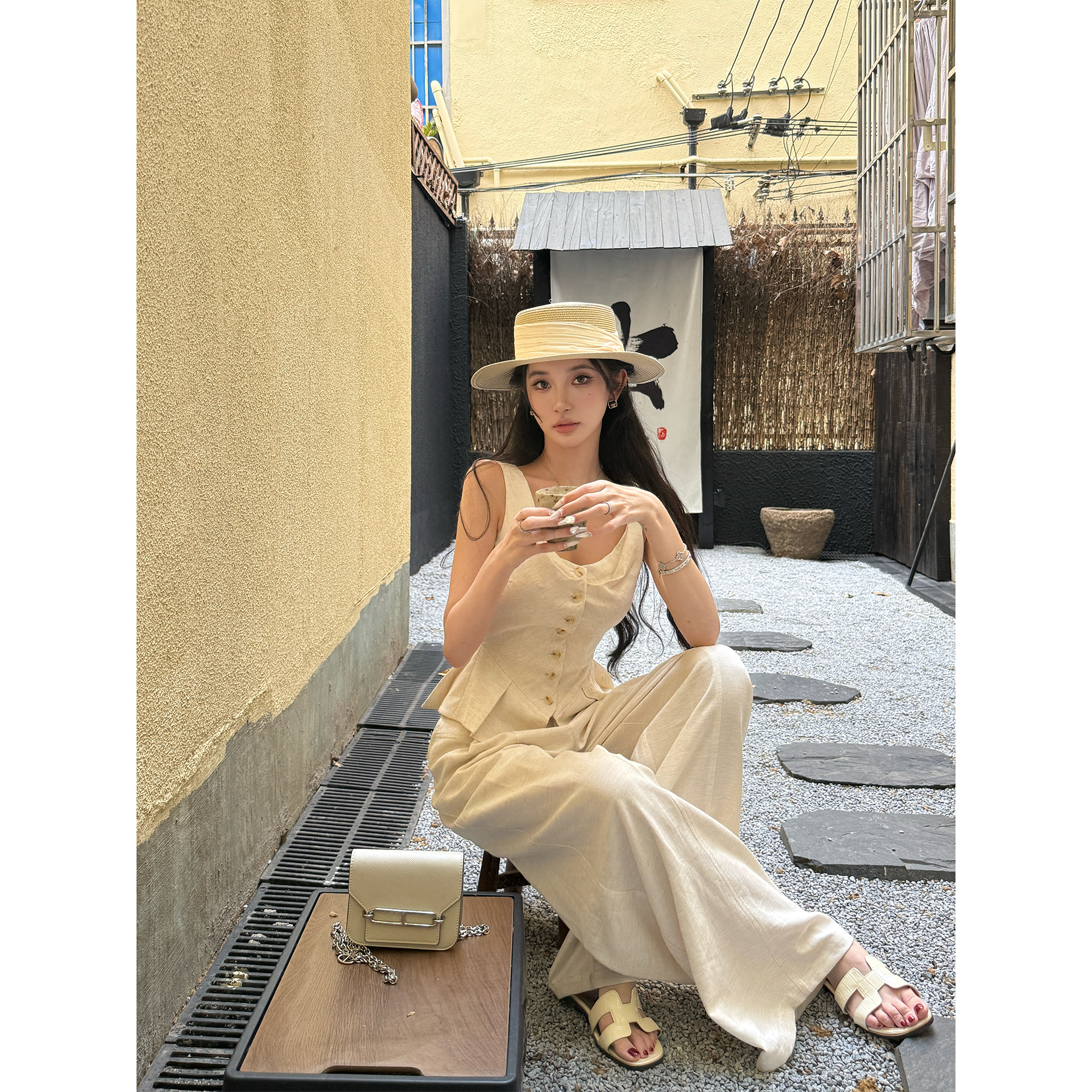 Barb Chill   老钱风套装马甲背心无袖上衣+垂坠感阔腿拖地裤
