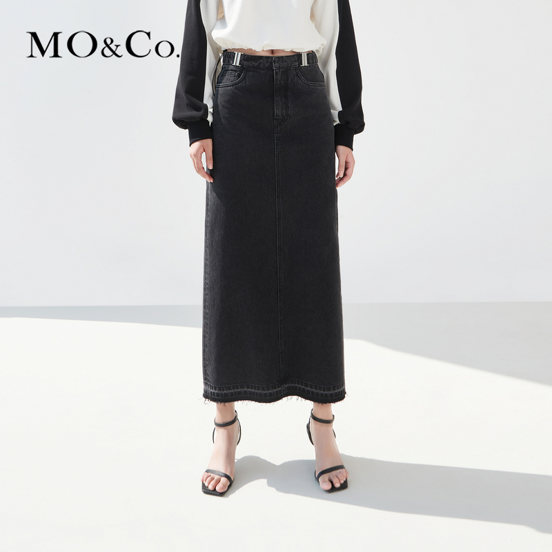 【赵老板专属】MOCO春季解构高腰长款黑色牛仔半身裙MBC1SKTT04
