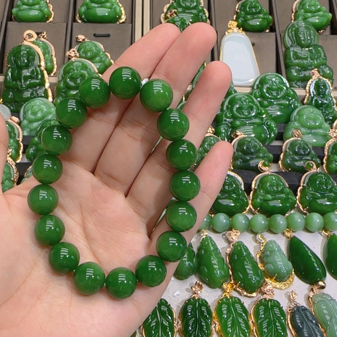 手串未镶嵌和田玉（碧玉）特价款12m阳绿单圈