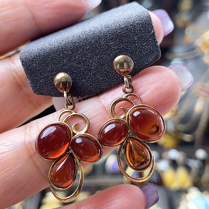 琥珀耳饰银S925镶嵌耳环