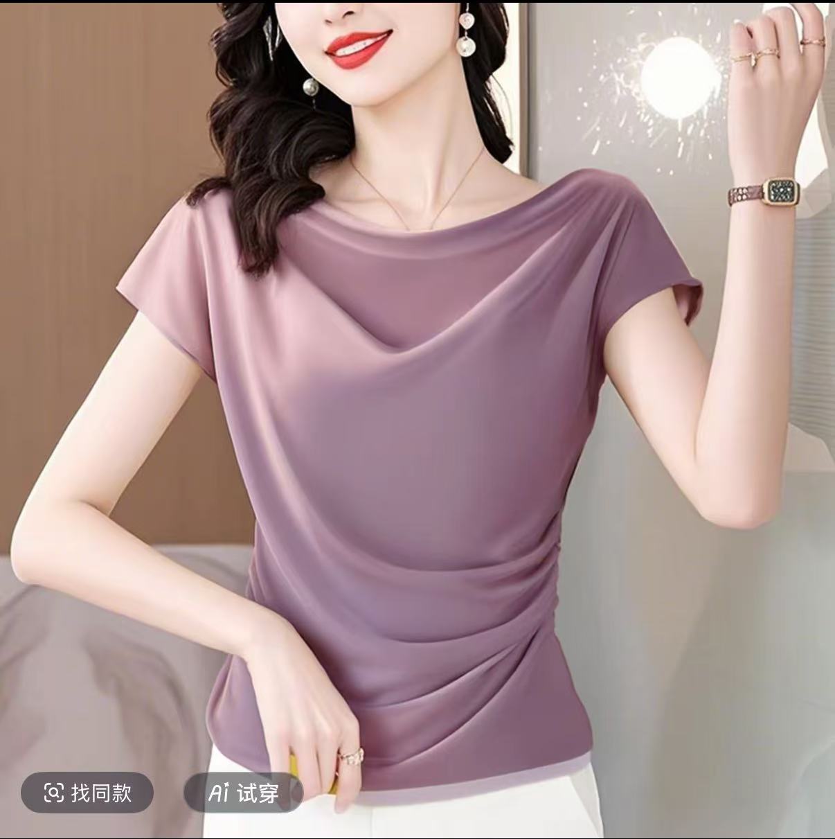 2025夏季新款法式荡领收腰法式设计显瘦夏季T恤