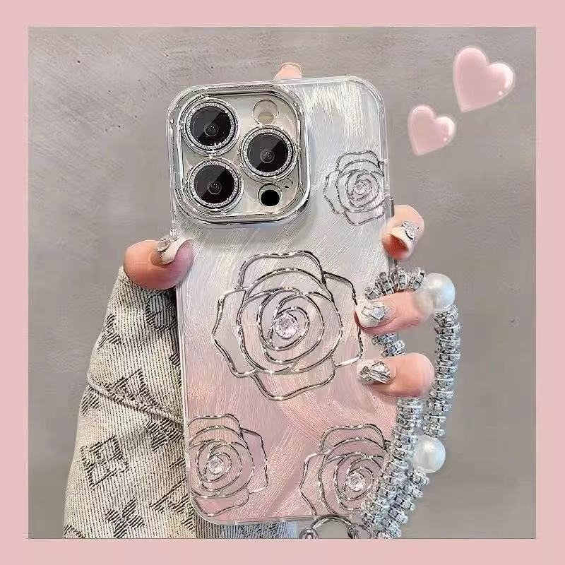 山茶花适用苹果16promax手机壳新女款高级感保护套全包闪粉镜头膜