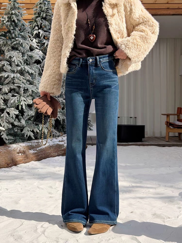 SU【360】代G 愫蕊 冬款特绒喇叭牛仔裤高腰深蓝色加厚拖地裤