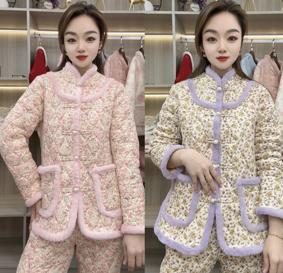 新民族风女装外套睡衣服装女士碎花秋冬加厚中式加绒棉衣棉裤套装