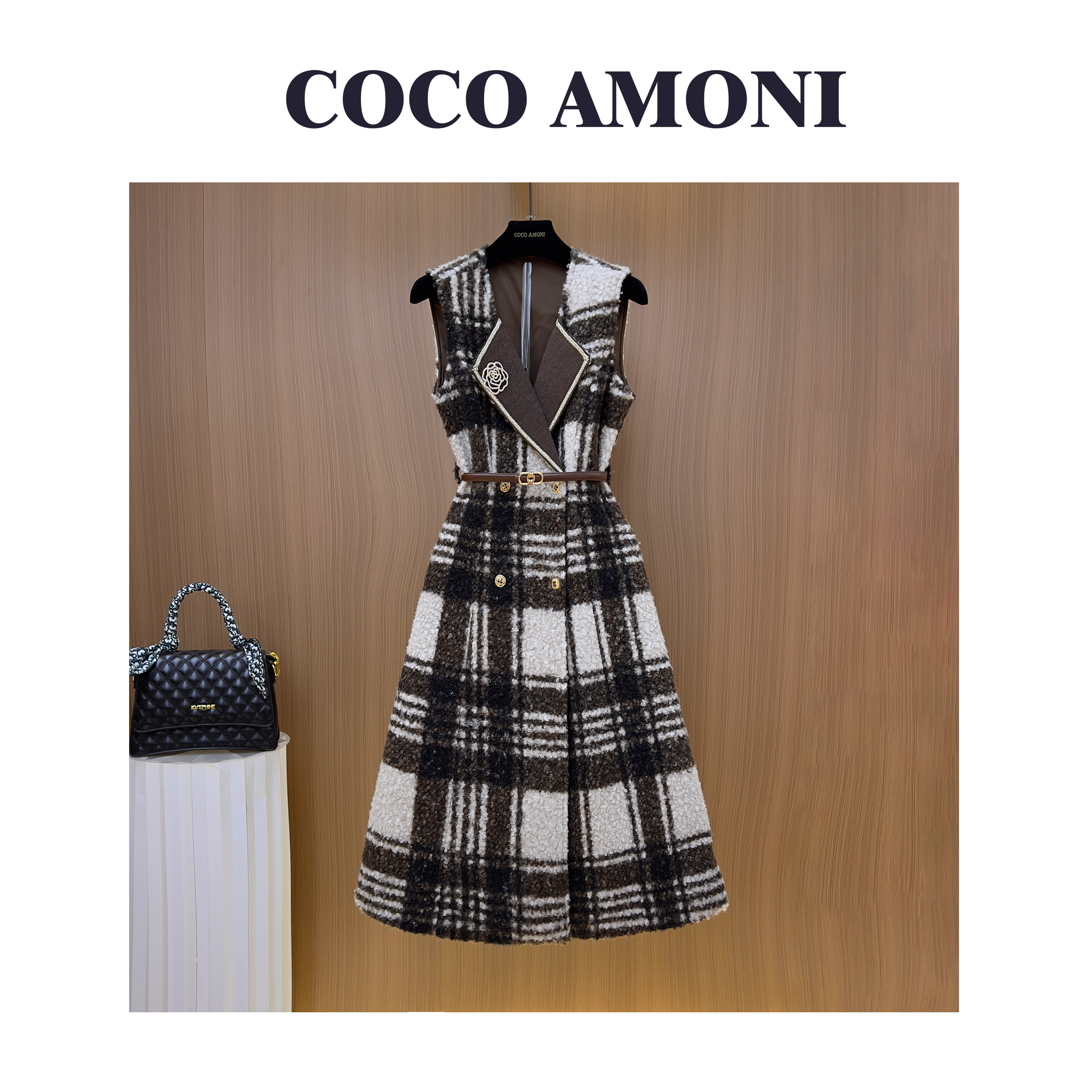 秋冬季时尚设计师爆款女装拼接收腰显瘦气质连衣裙WXH1211