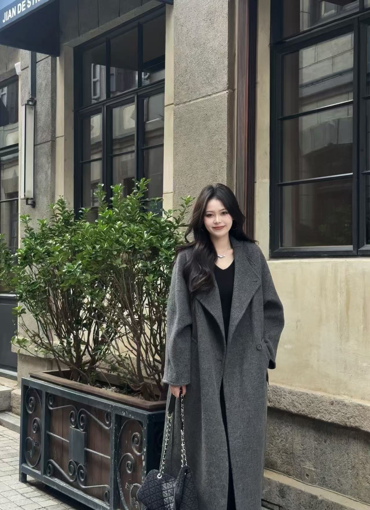 秋冬纯色宽松型女插肩袖毛呢外套显瘦女装长款大衣