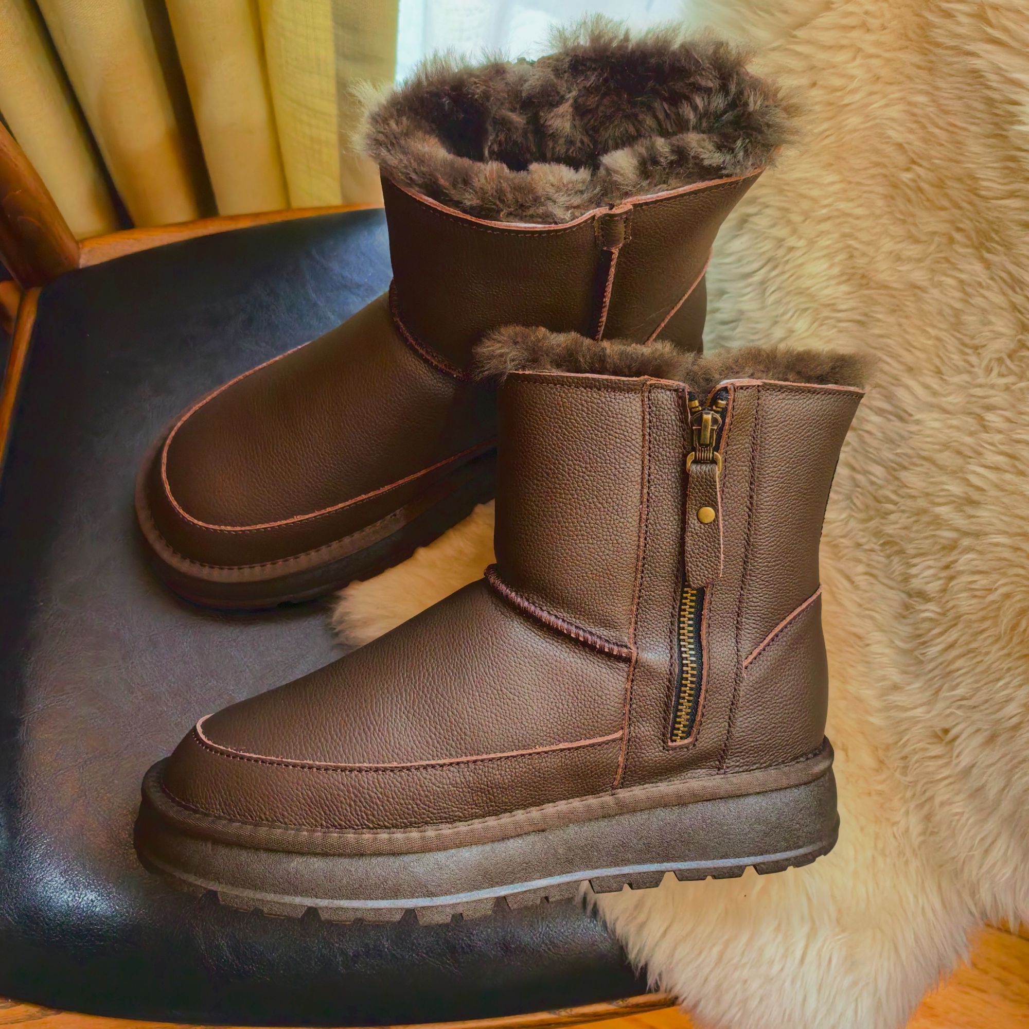 真皮加厚雪地靴男款拉链短靴羊皮毛一体保暖过冬大棉鞋 U＆Z2407