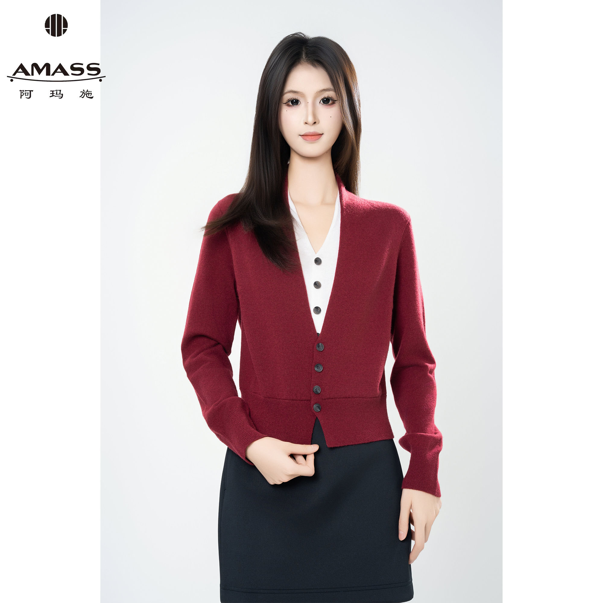 AMASS/阿玛施早秋新款时尚休闲百搭假两件V领针织衫上衣女 548006