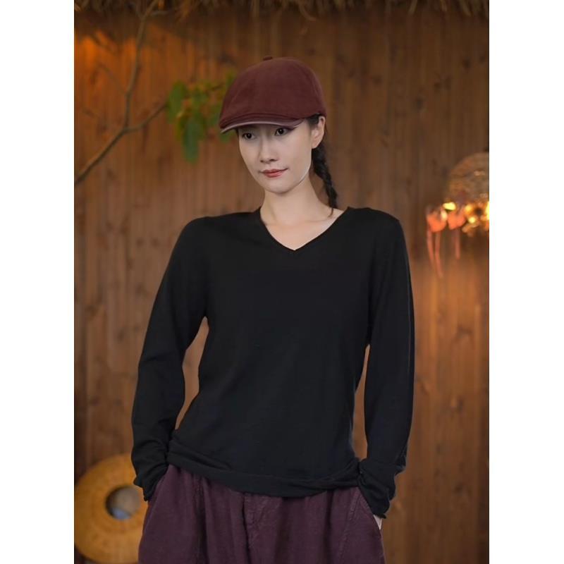 唐不染 羊毛打底衫62597/秋冬V领舒适打底棉羊毛文艺舒爽田园