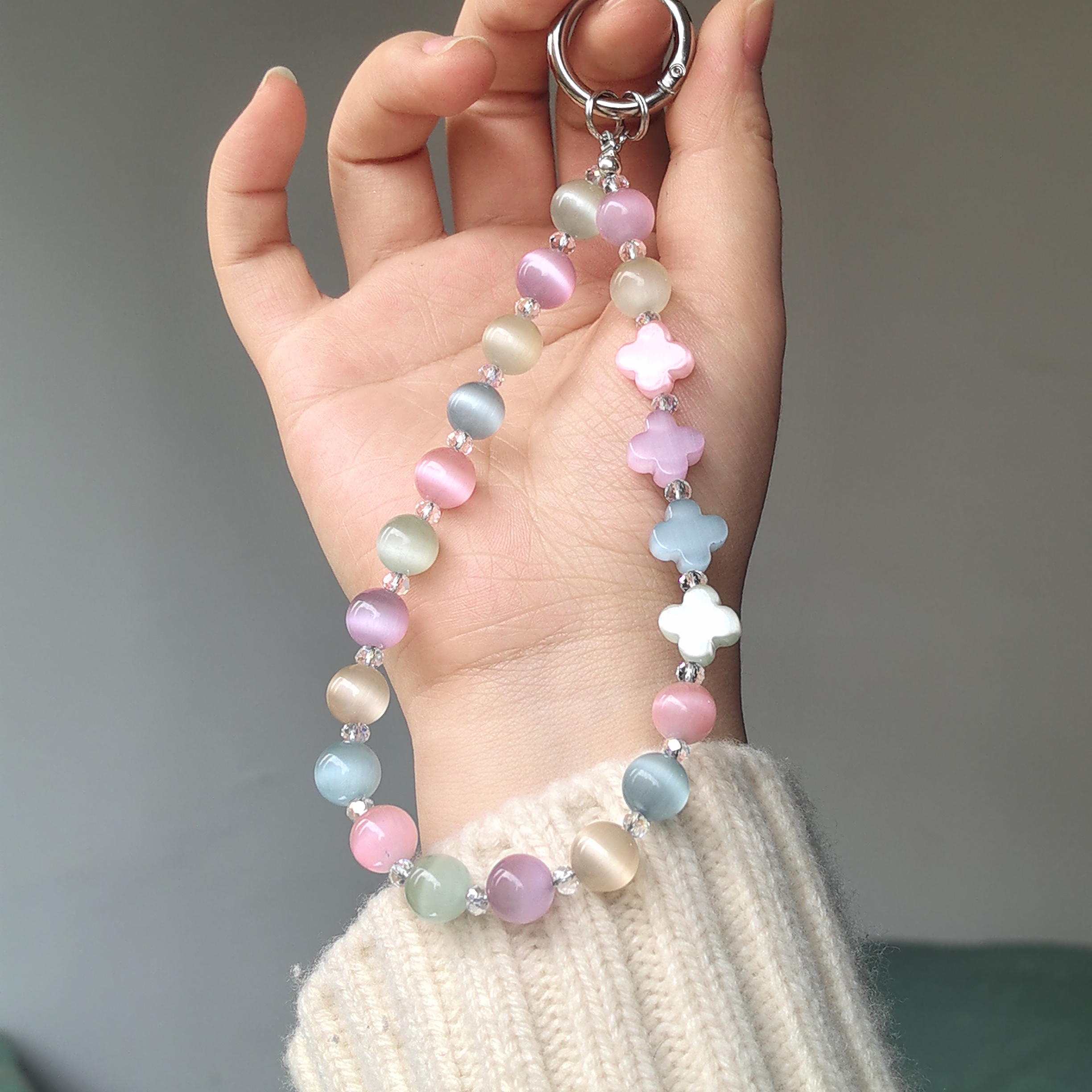 彩色猫眼石四叶草手机链