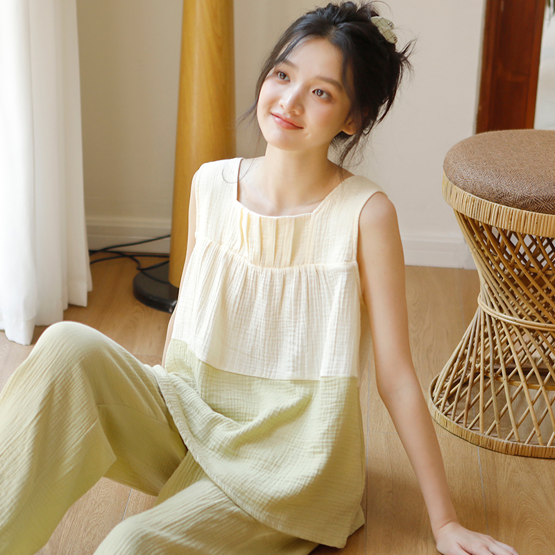 春夏纯棉女士睡衣宽松背心长裤双层绉纱透气带口袋家居服套装