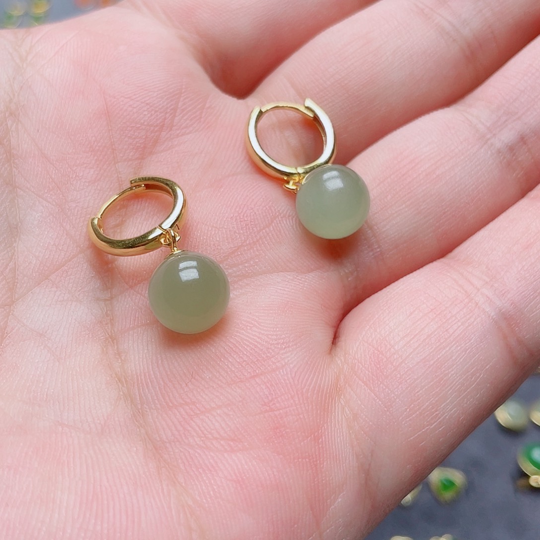 和田玉耳环银S925镶嵌