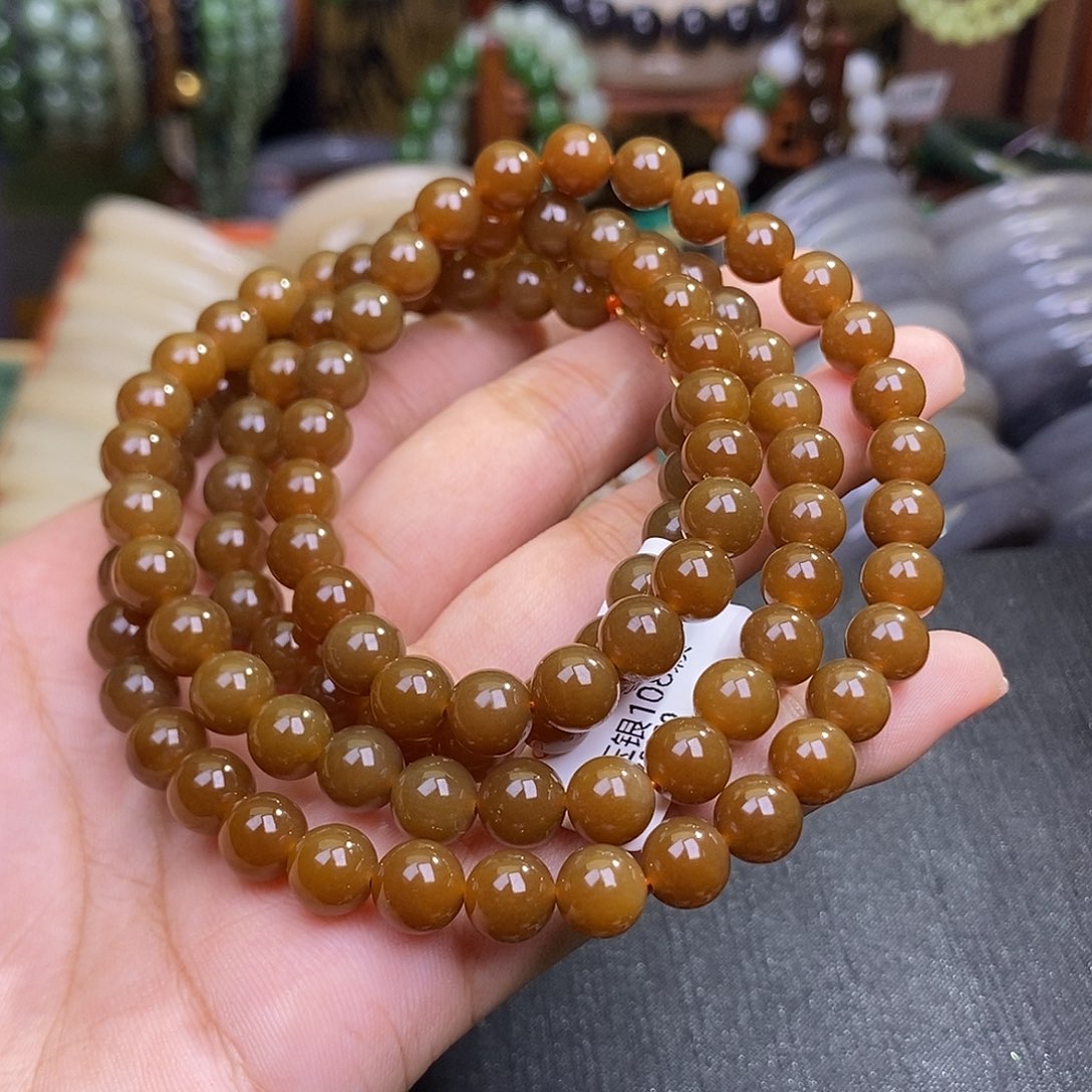 和田玉手镯未镶嵌老料红糖糖玉108卡8mm