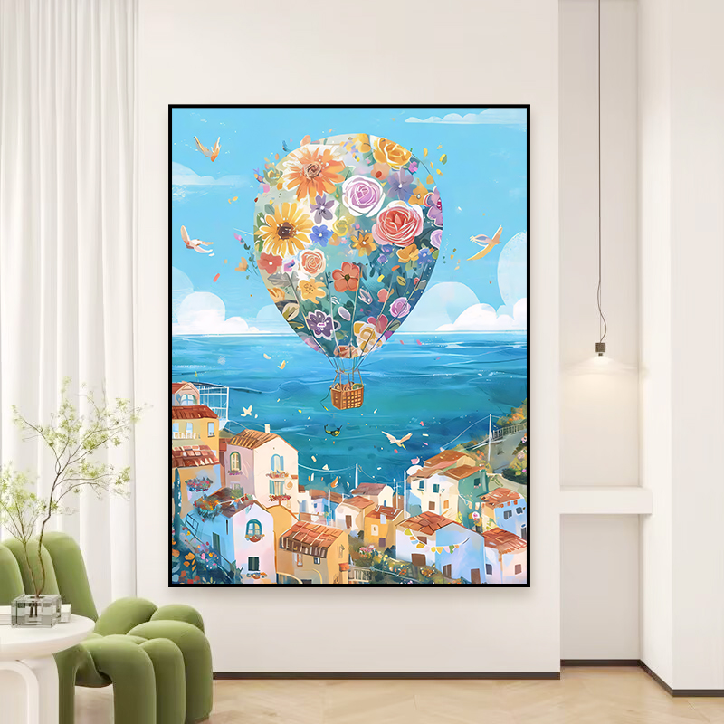 海边小镇风景宫崎骏花卉热气球客厅装饰画治愈系玄关挂画S24