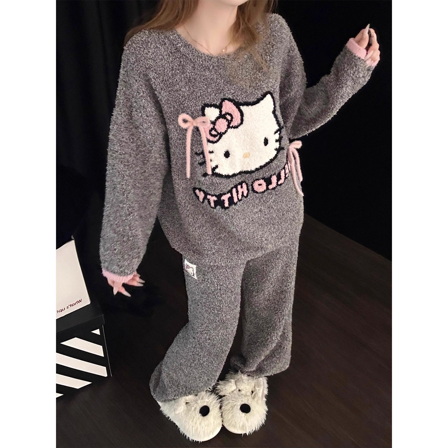 韩版甜美可爱半边绒凯蒂猫睡衣女秋冬新款长袖家居服可外穿两件套