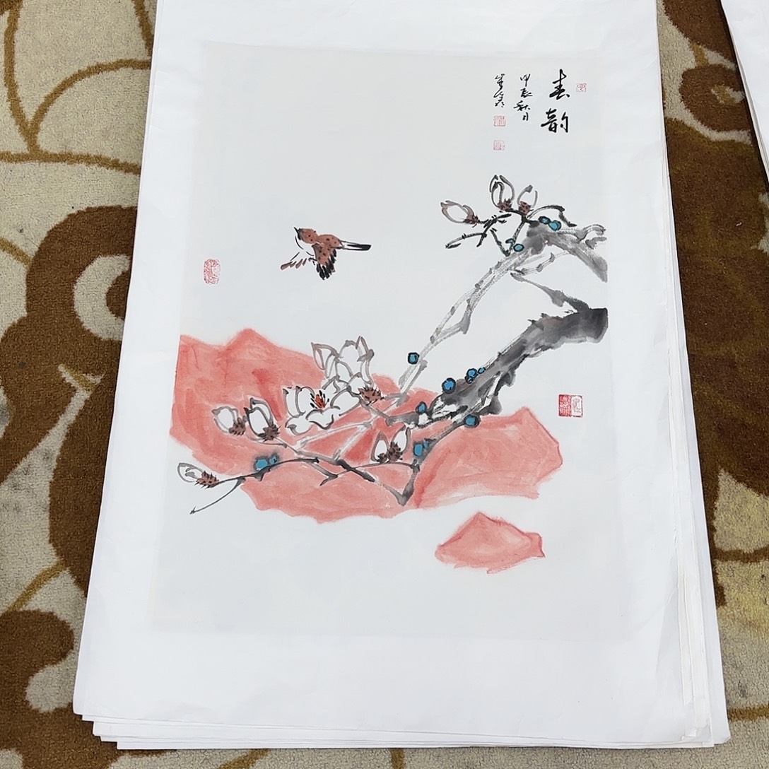 子***天国画四尺三开花鸟作品艺