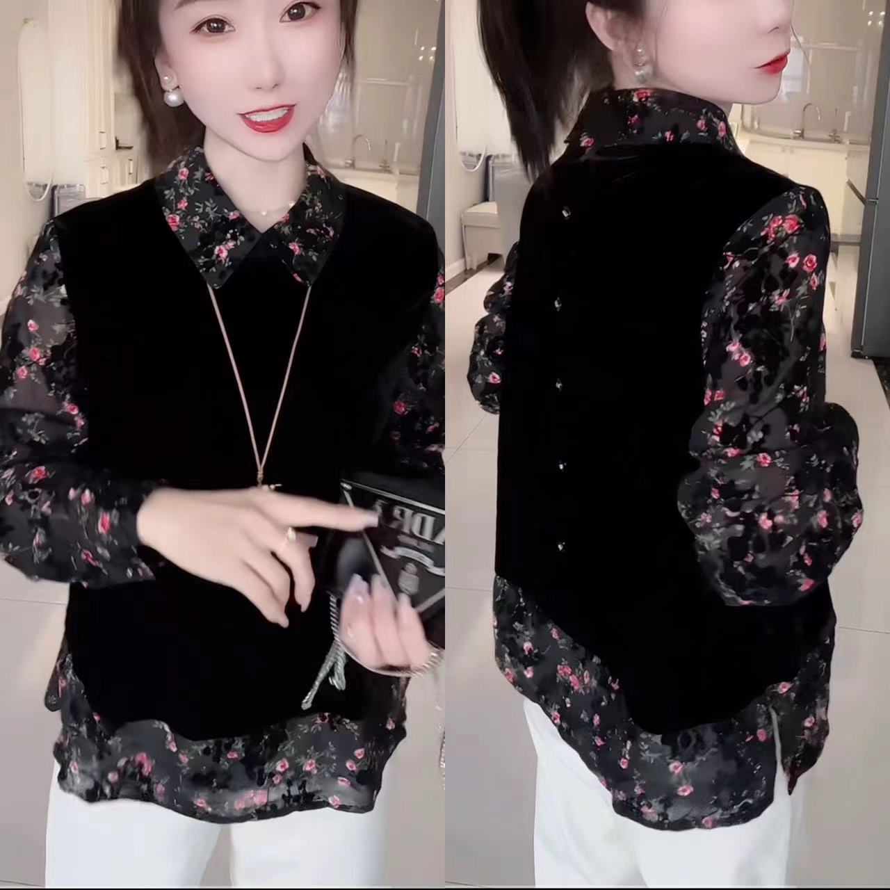 拼接常规民族风长袖碎花植绒衬衫衬衣女装修身