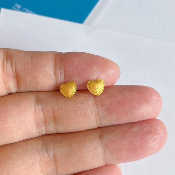 足金999拉丝爱心耳钉直针仙女国潮黄金