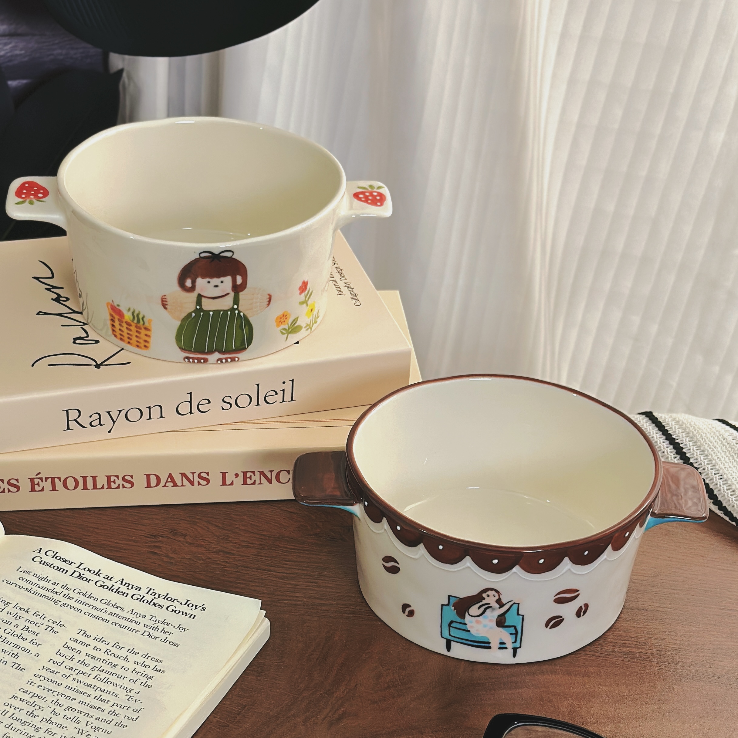 【胖妞的童年】手绘重工双耳汤碗创意手绘面碗家用大容量学生可爱