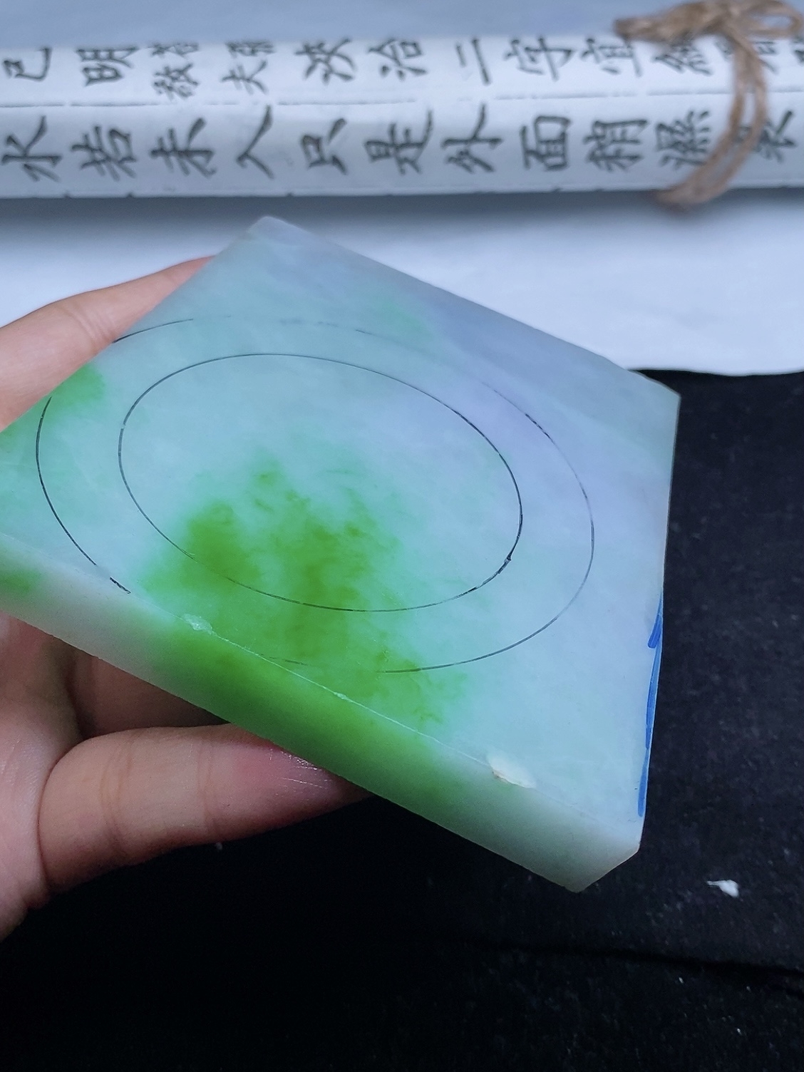 春彩手镯料可做阳绿花带紫手镯54圈微暇尺寸90，80，12mm