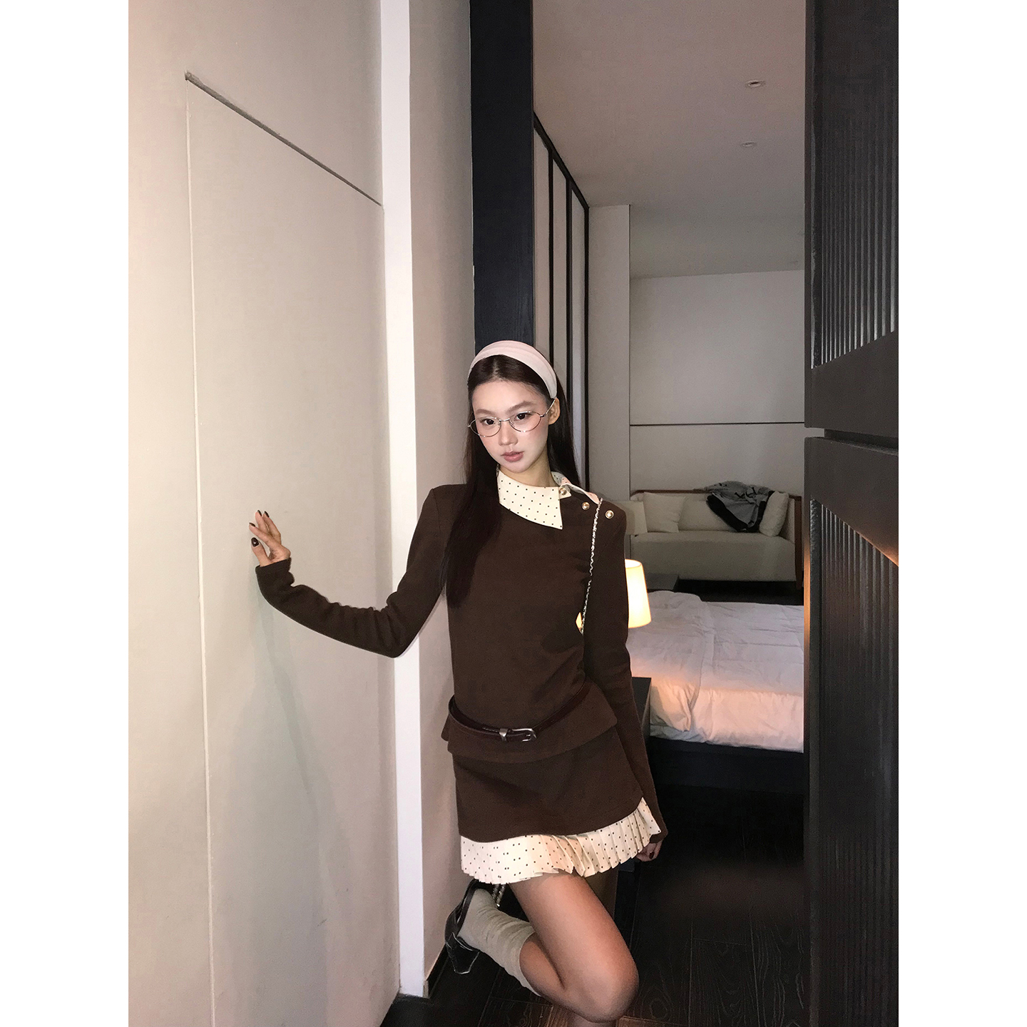 【HRG】冬季复古法式显瘦波点不规则斜领时尚T恤254N4459-S