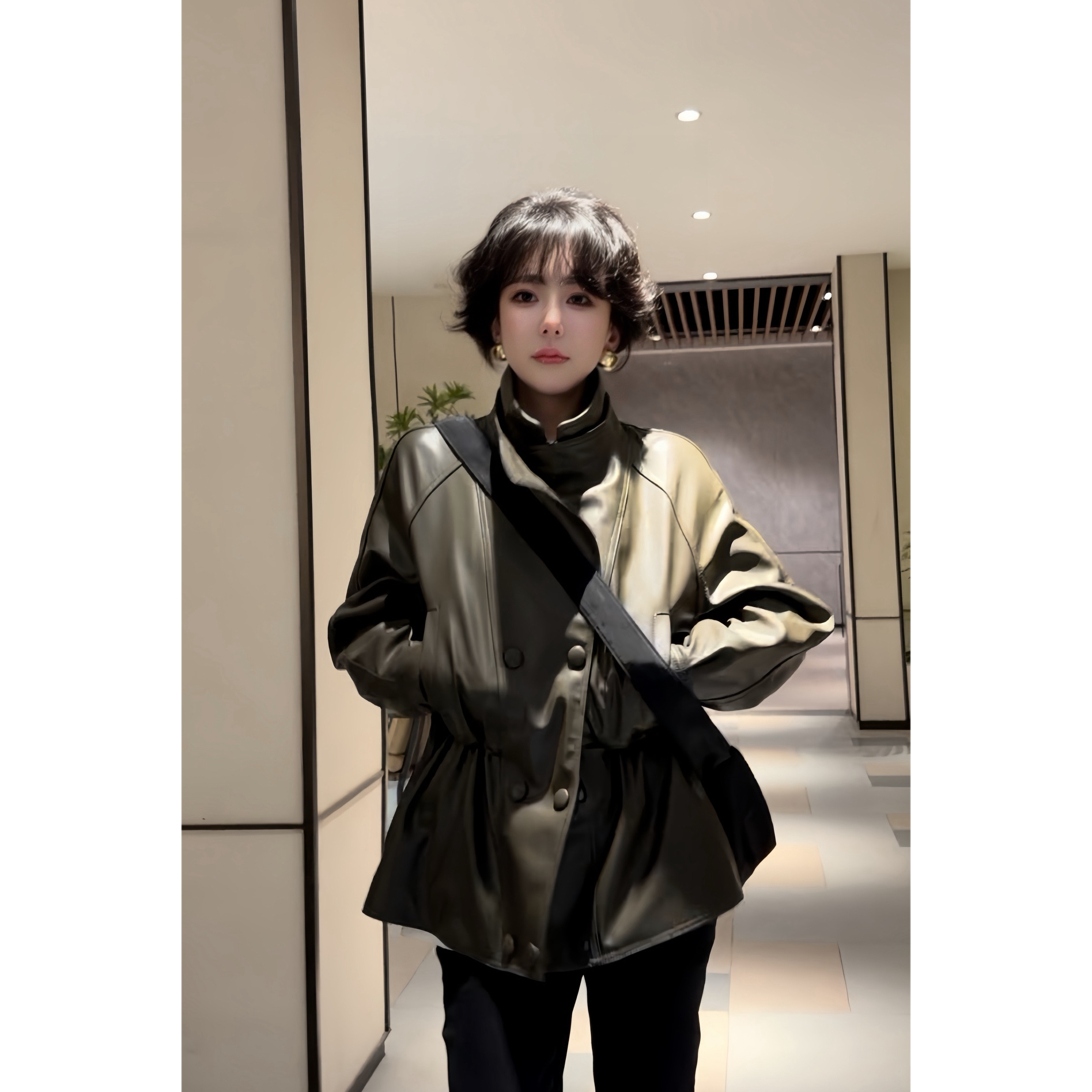 双领双门襟重工定制橄榄绿绵羊皮真皮外套-2539