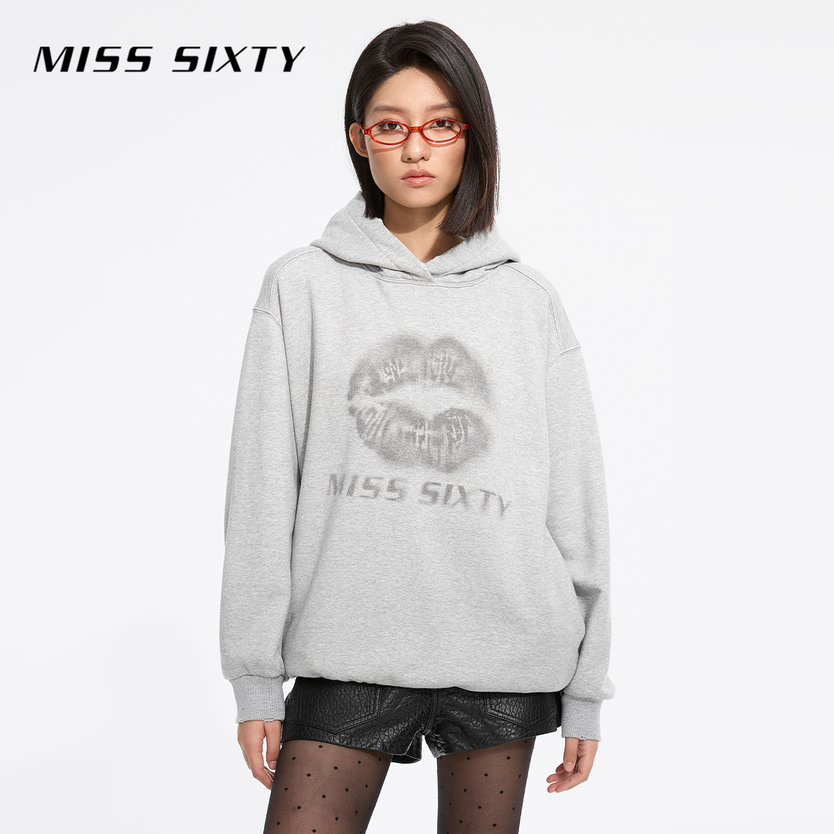 【商场同款新品】Miss Sixty2025秋休闲连帽卫衣女唇印设计格雷系