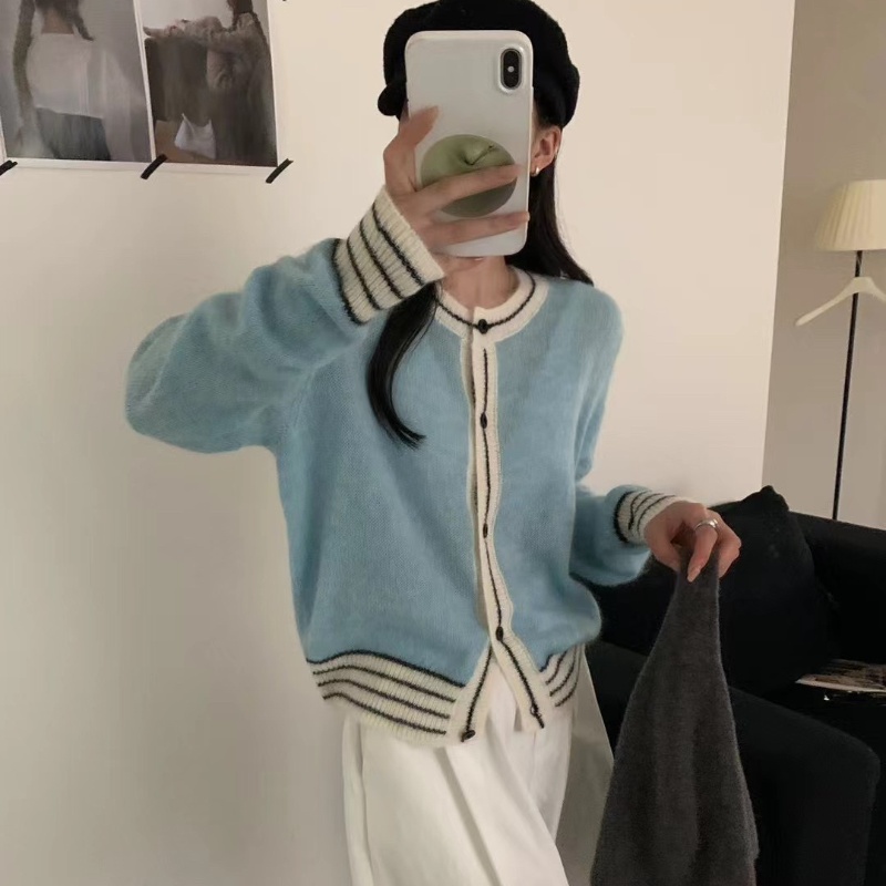 时尚100%纯羊毛针织开衫拼色单排扣外套短款羊绒毛衣女秋冬新年25