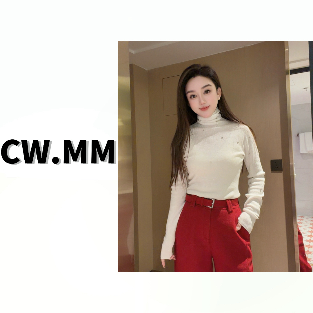 CW.MM【恋爱达人】 高领长袖网红洋气烫钻订珠打底羊毛毛衣