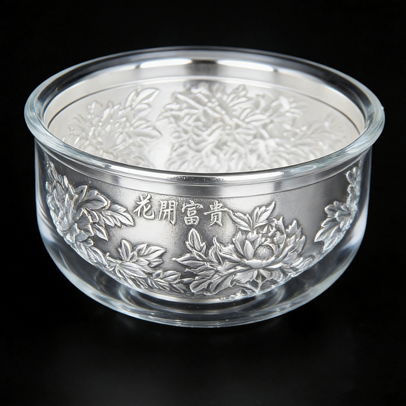 足银999双层浮雕银茶杯家用纯银内胆