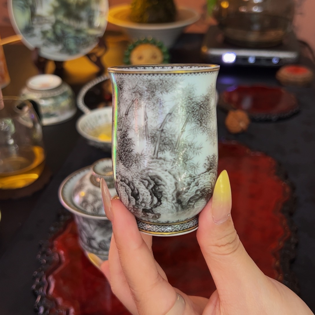 杯墨彩描金墨竹闻香杯
