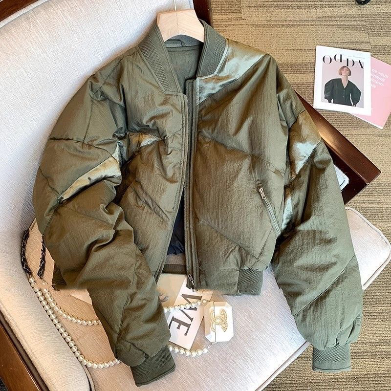 日系复古军绿色立领短款棒球棉服女秋冬小个子保暖外套