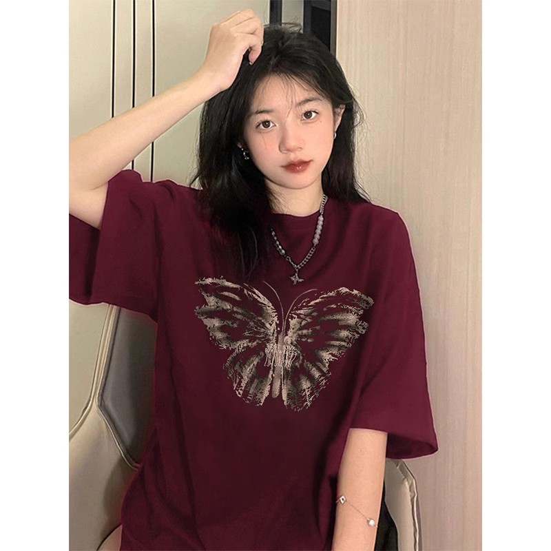 美式复古酒红色蝴蝶设计感短袖T恤女夏季新款小个子宽松半袖上衣