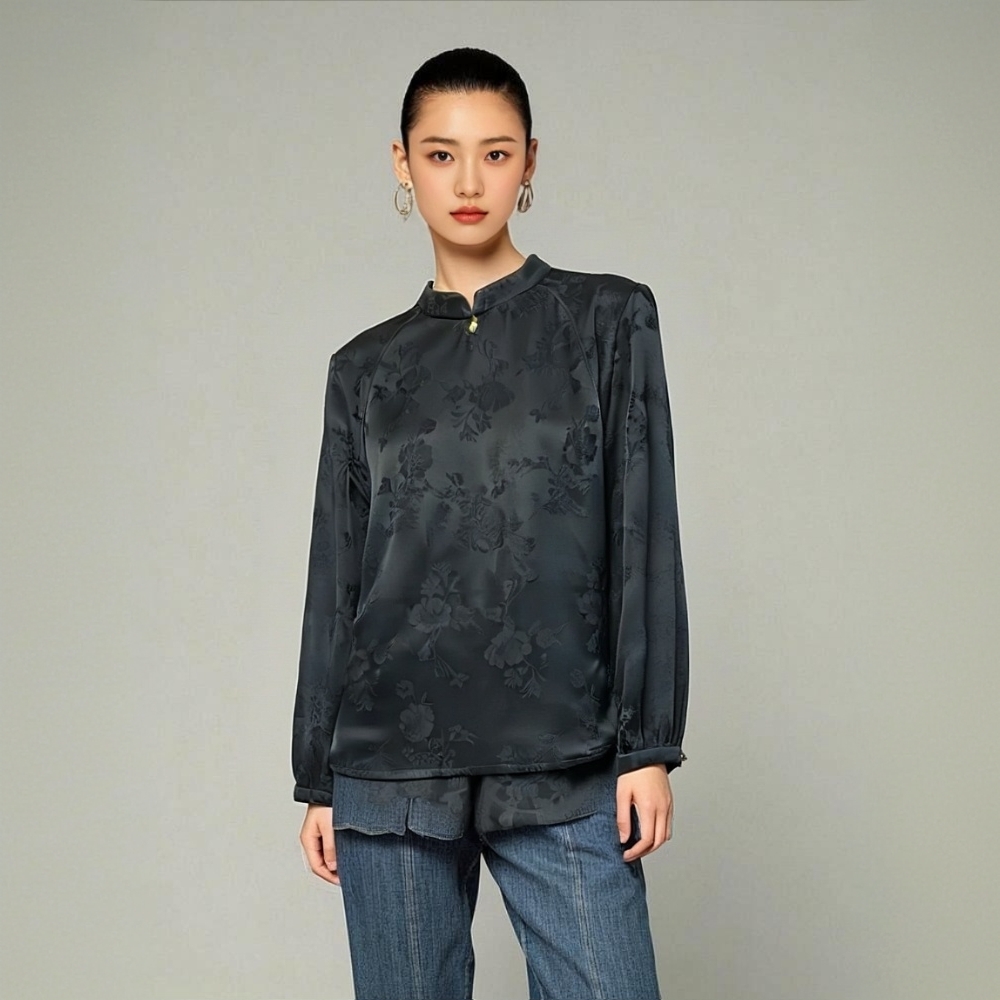 【沐杉高定】桑蚕丝香云纱花罗复古国风新中式春秋立领玉扣衬衫上衣
