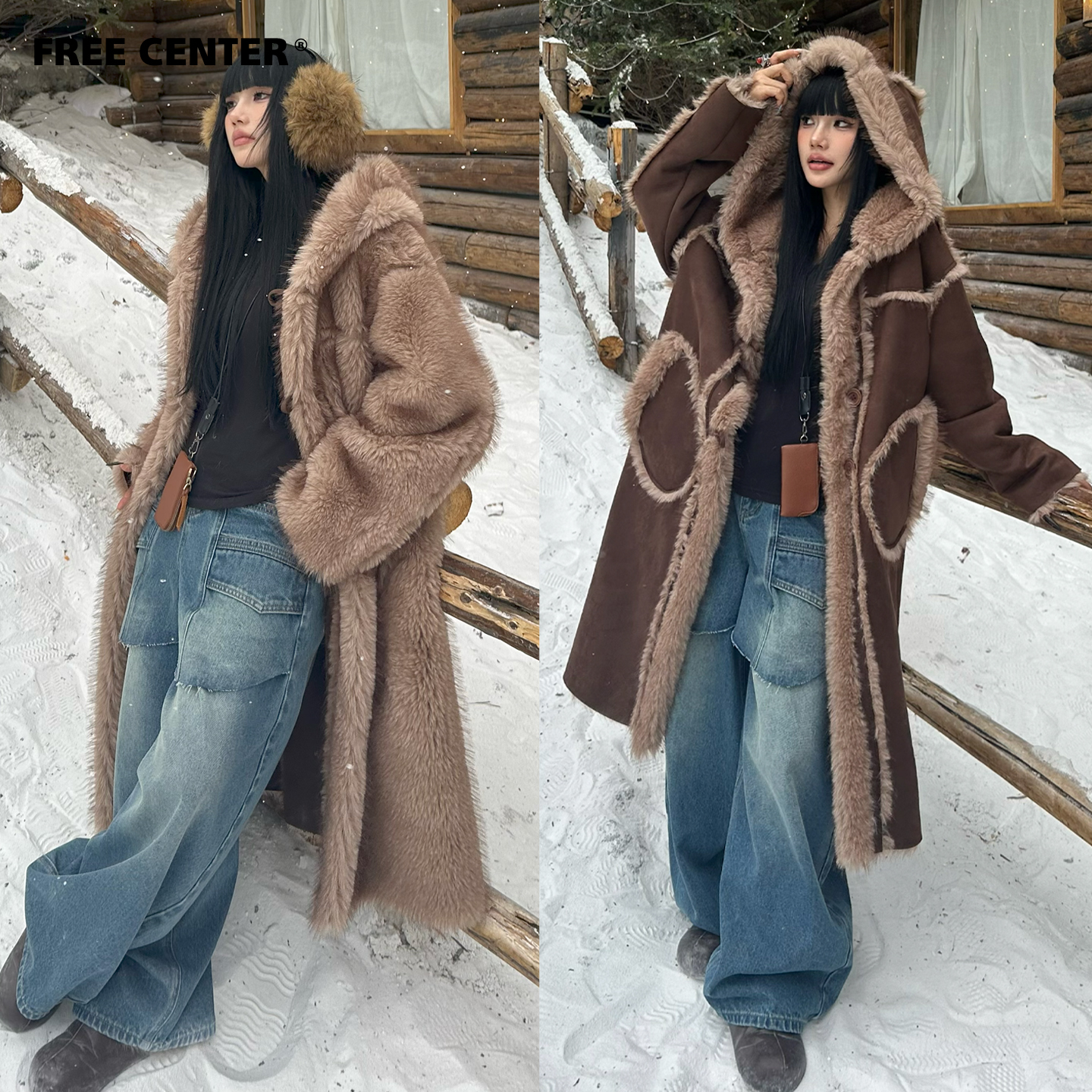 Free Center中长款两面穿麂皮绒外套女冬季连帽加绒加厚保暖大衣