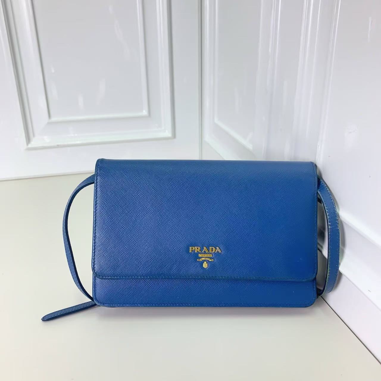 95新 Prada/普拉达 （静姐）蓝金斜跨woc