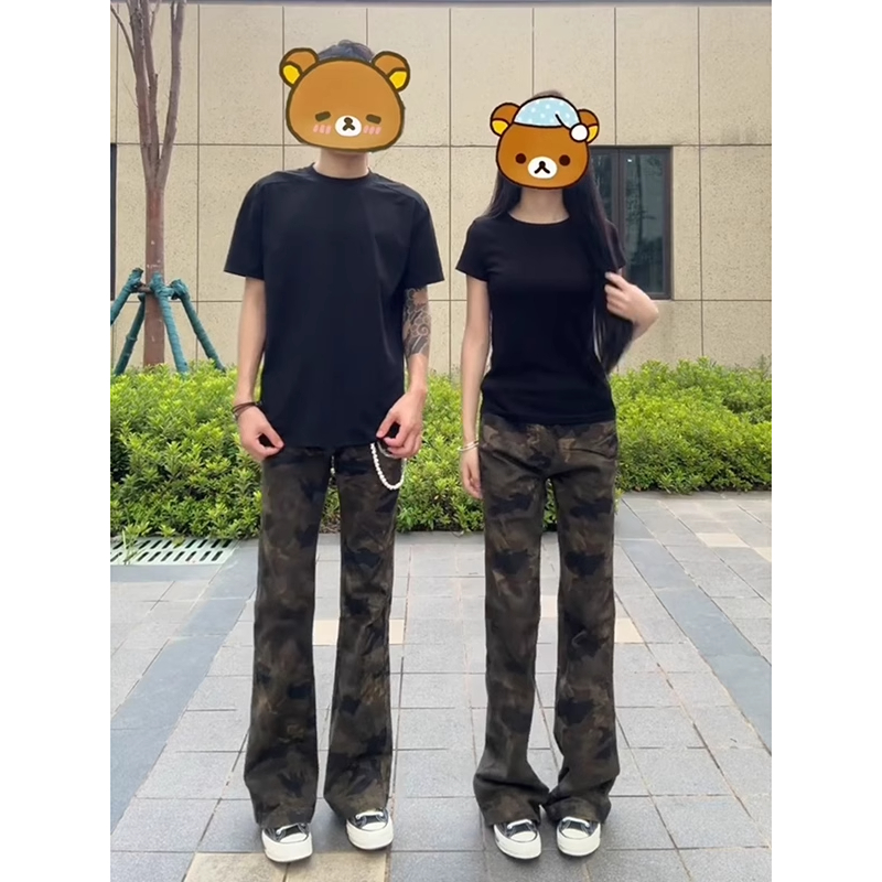美式高街弯刀牛仔裤男款秋季vintage复古迷彩裤子痞帅直筒工装裤