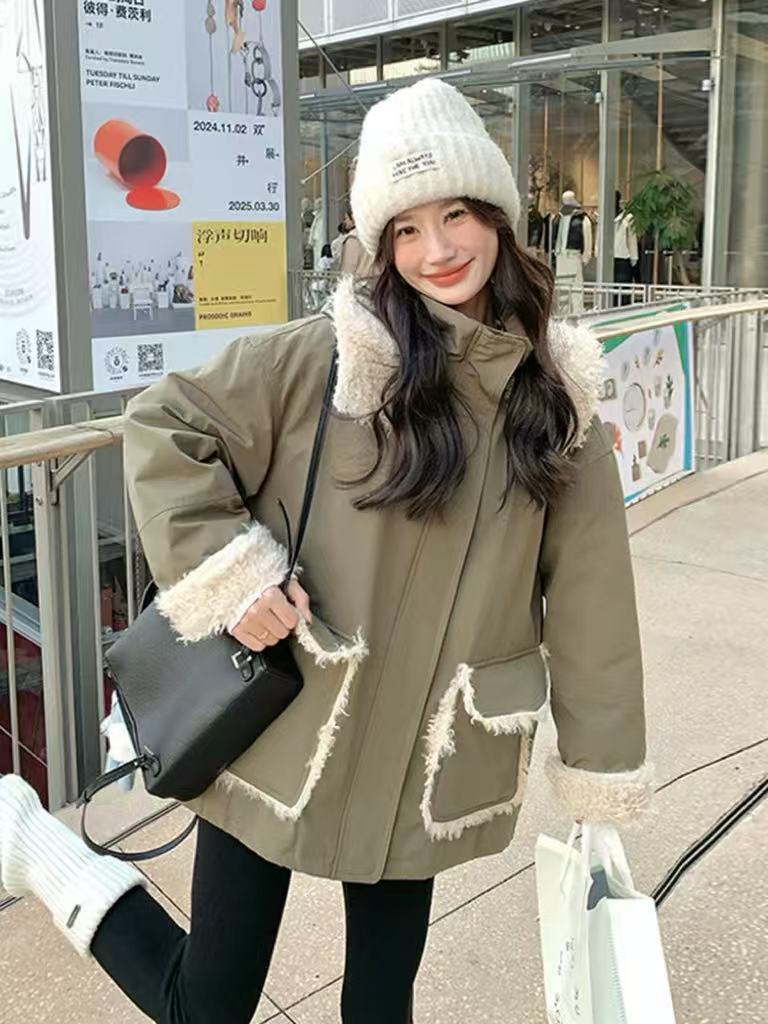 小慧 韩版加绒工装口袋连帽百搭休闲派克服KF74