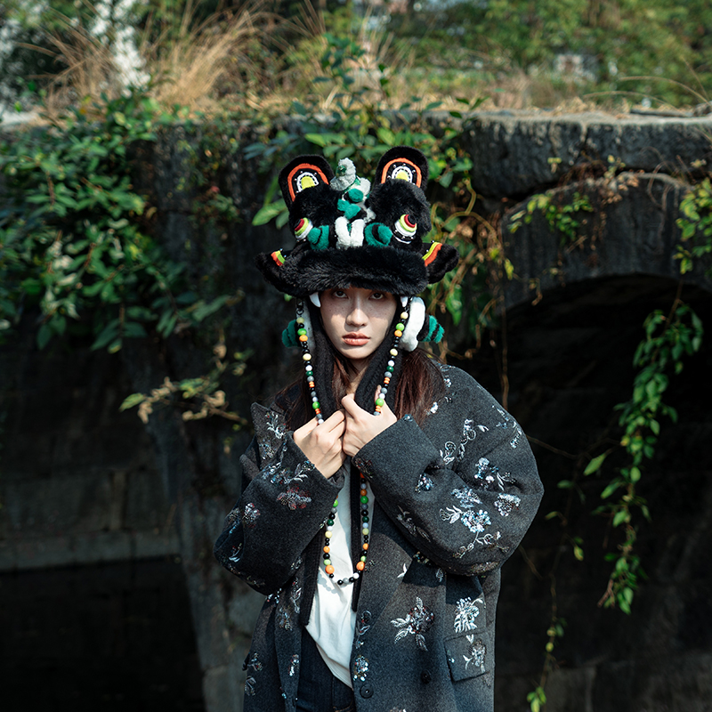 芽小七原创小众设计张飞狮毛线帽滑雪冬天撞色防寒保暖亲子针织