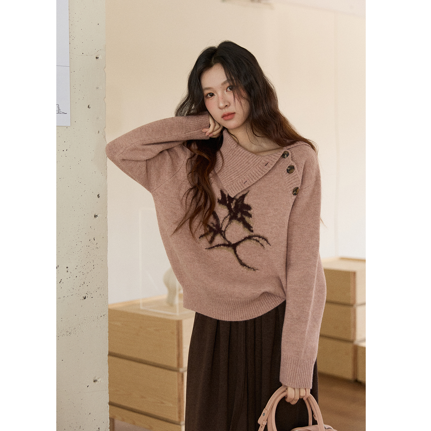 【艾美专属】谜秀粉色提花毛衣高领小众设计感针织衫MXE86Z2658