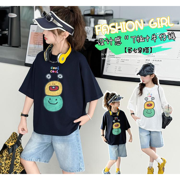 2025新款夏季女孩儿童时尚T恤牛仔裤女大童百搭休闲网红洋气套装.