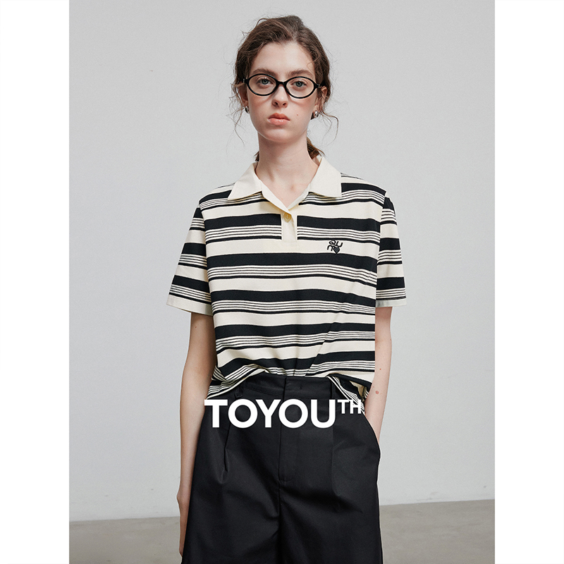【年终狂欢购】初语美式学院风短袖T恤女2025夏珠地条纹polo衫透气