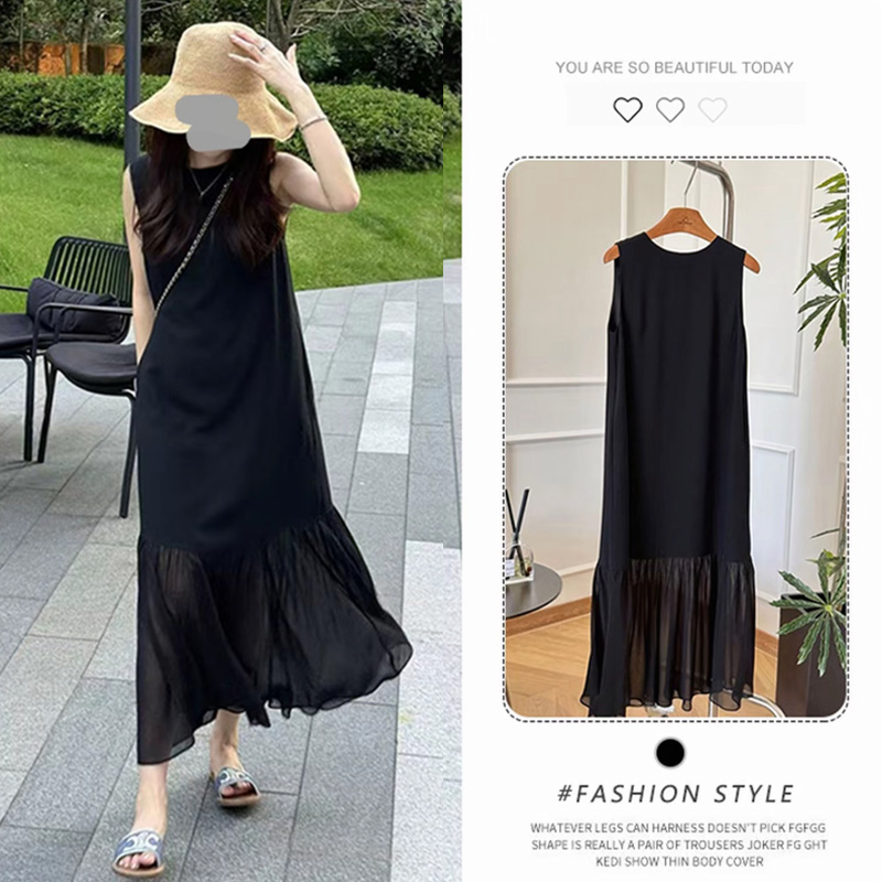 欧货高级感赫本风网纱拼接无袖连衣裙夏季优雅精致背心长裙