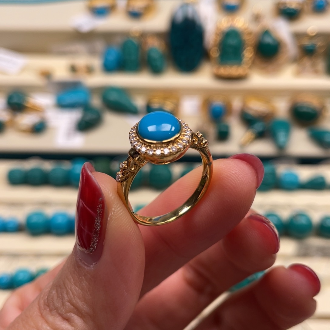 18K金镶嵌绿松石珠宝奇石戒指