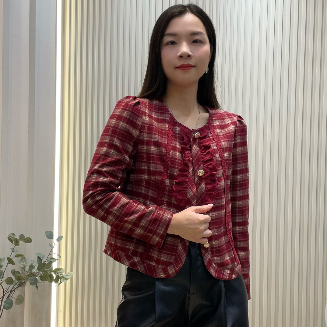 海百合格子小香风外套8023#