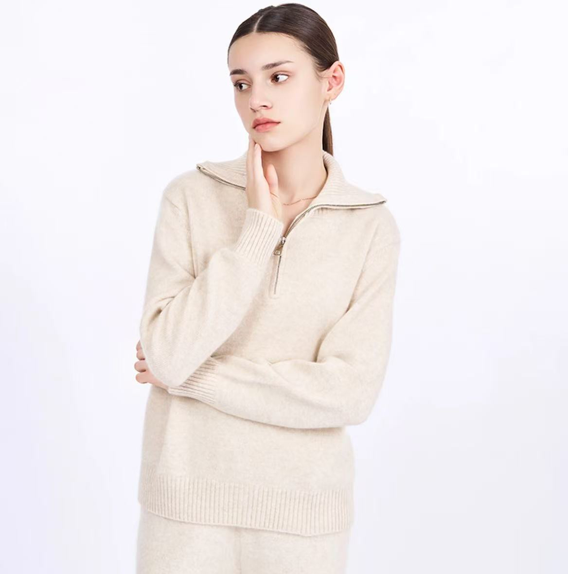 精致半拉链高领精致针织衫宽松休闲舒适毛衣个性加厚减龄上衣4453