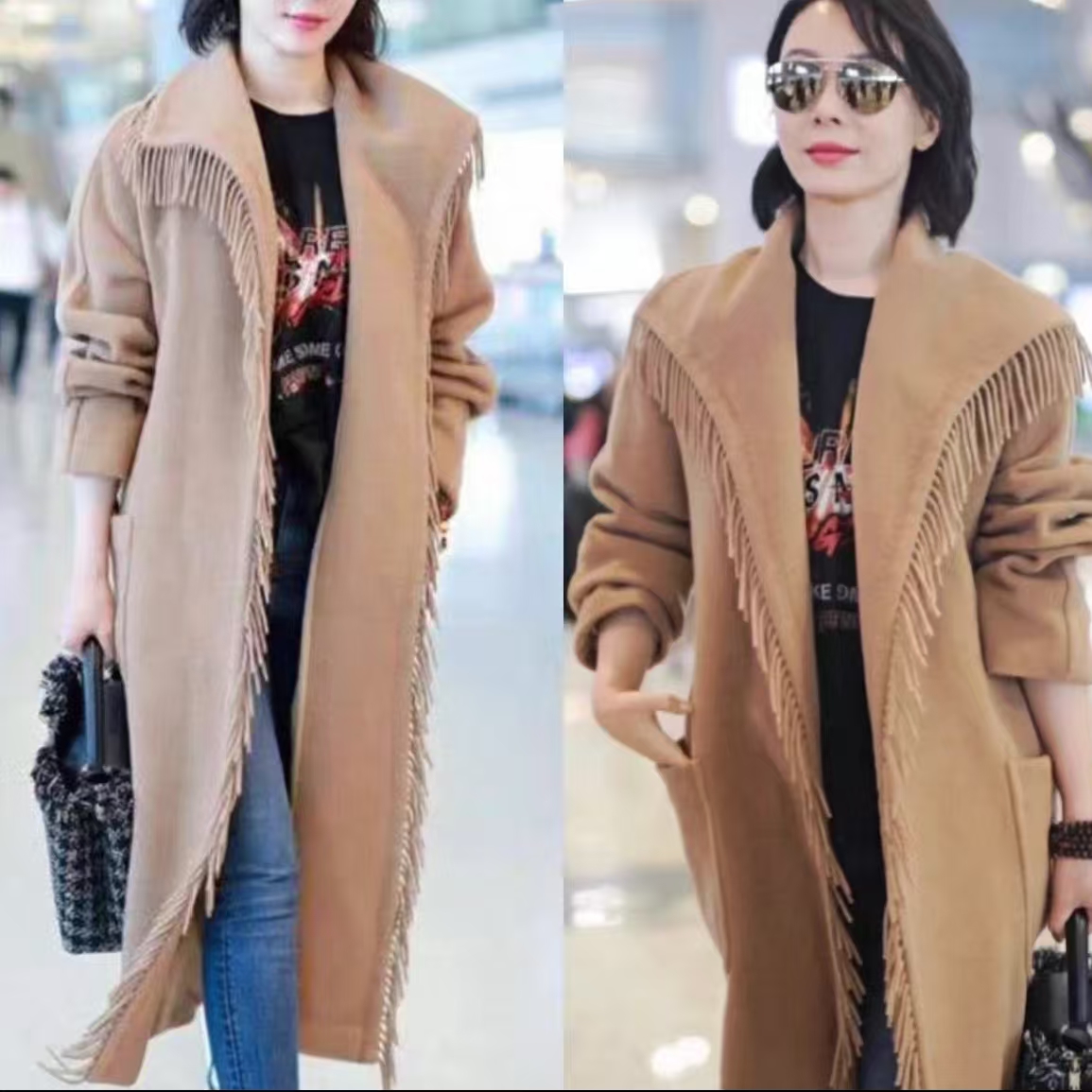 95新 MaxMara Maxmara驼色流苏长款大衣36码/GZ195女装