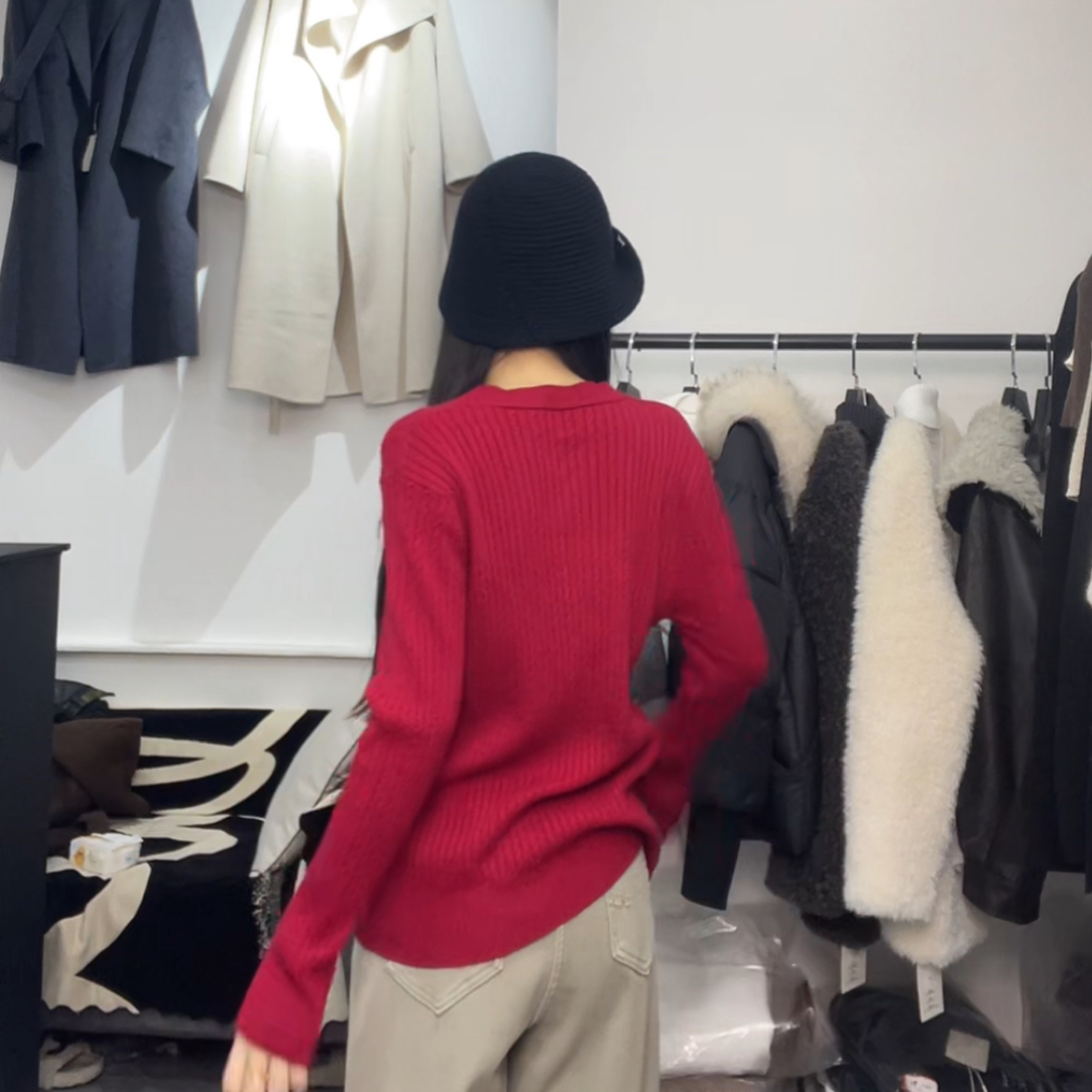 秋冬含羊毛针织开纯色显瘦百搭打底毛衣气质女士红色